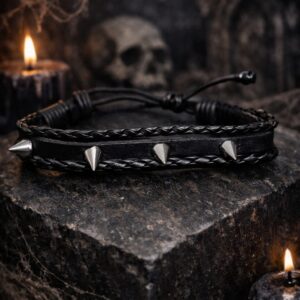 bracelet cuir clous gothique acier bijou protection style mystique