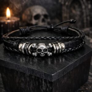 bracelet crane acier cuir bijou gothique symbole protection energie