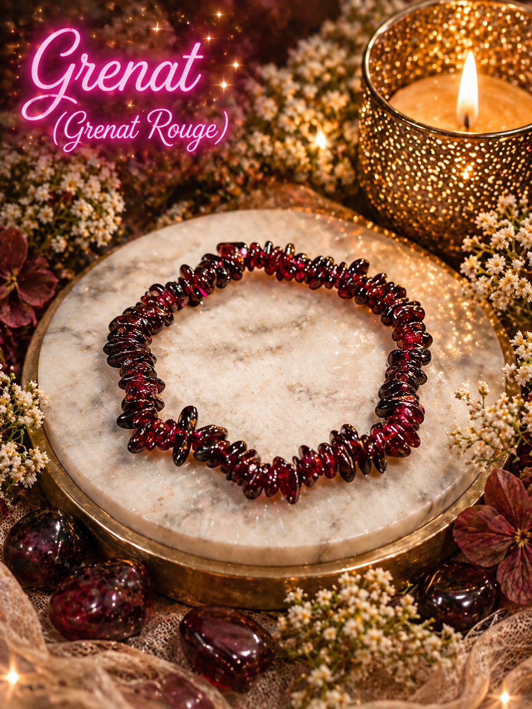 bracelet baroque grenat rouge naturel sur support en pierre ambiance chaleureuse