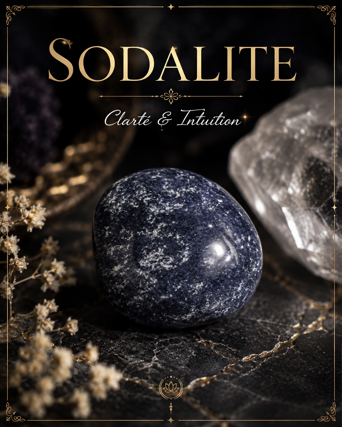Pierre Roulée Intuition en pierre naturelle bleue polie présentée dans une ambiance spirituelle avec cristaux et fleurs séchées.