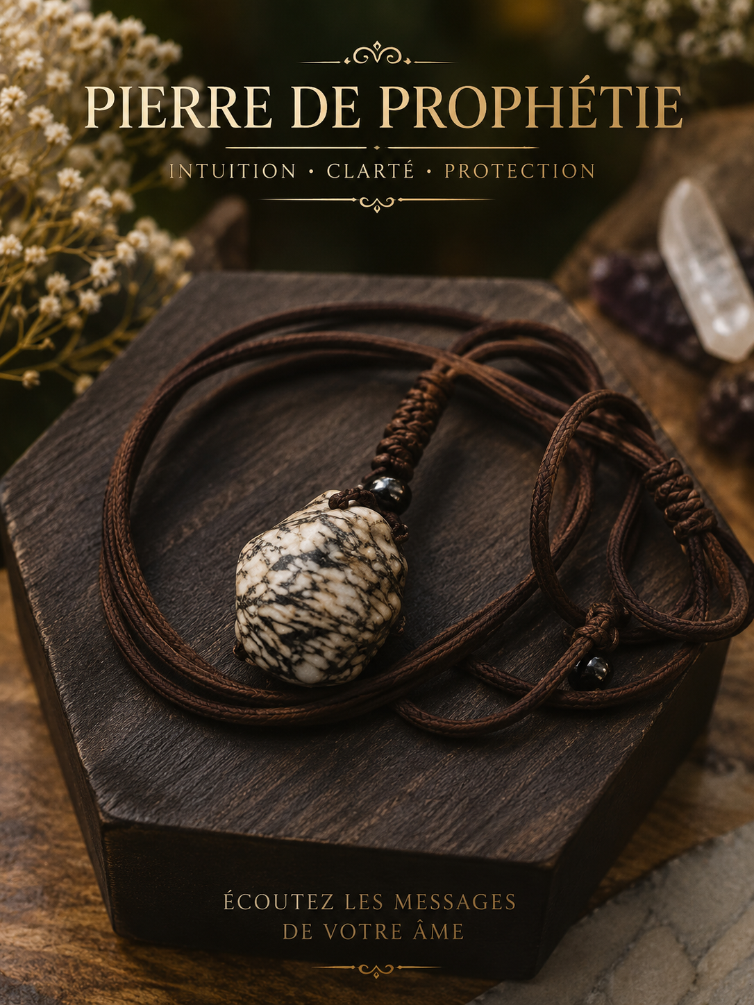 Collier Pierre Prophétie en pierre naturelle sur cordon réglable présenté dans une ambiance spirituelle et chaleureuse.