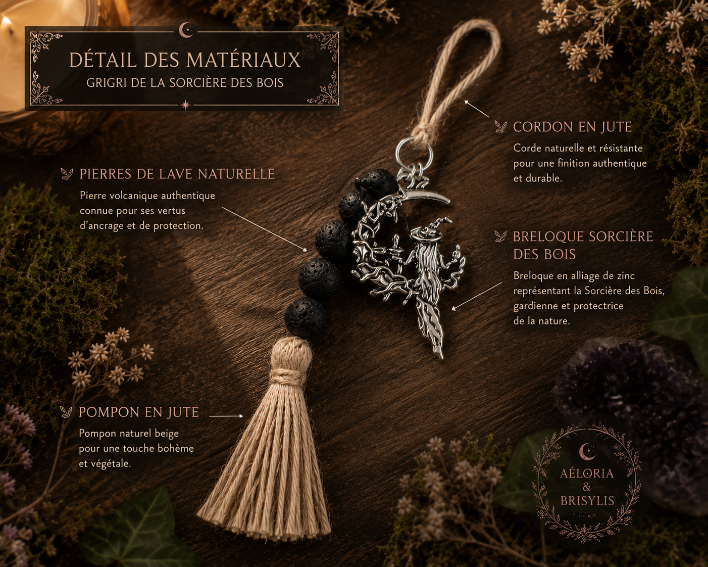Talisman Sorcière Verte artisanal en pierre de lave naturelle avec breloque, pompon en jute et cordon bohème.