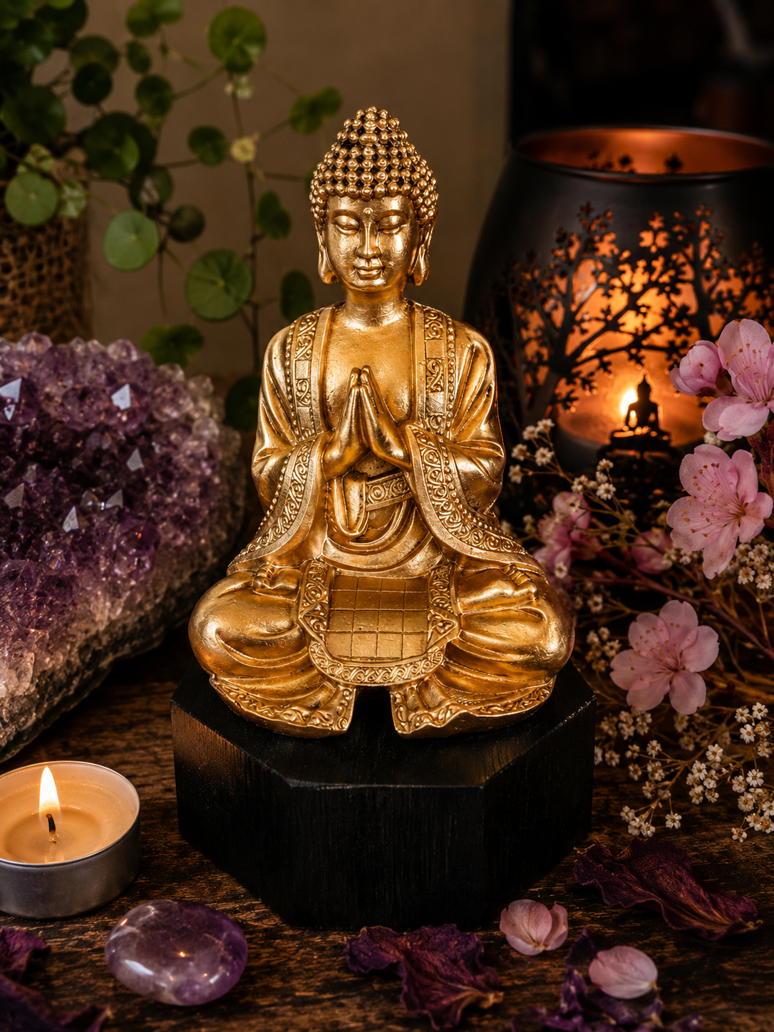Statue Bouddha Doré Éveil en méditation entourée d'une améthyste, d'une bougie et de fleurs.