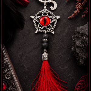 Porte-clé Œil du Dragon argenté avec dragon, clé ancienne et croissant de lune.